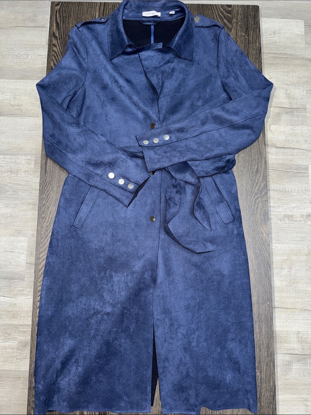 Neiman Marcus Navy Suede Trench Coat with Self Tie